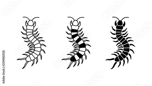 Bild auf Leinwand Three Stylized Centipede Vector Illustrations, Minimalist Insect Icons, Black an