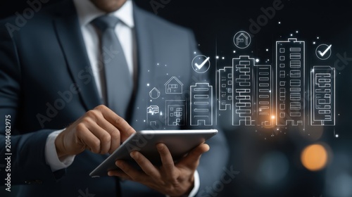 Professional Man in Suit Using Tablet with Urban Skyline and Icons of Buildings, Homes, and Check Marks in Background for Real Estate Concept