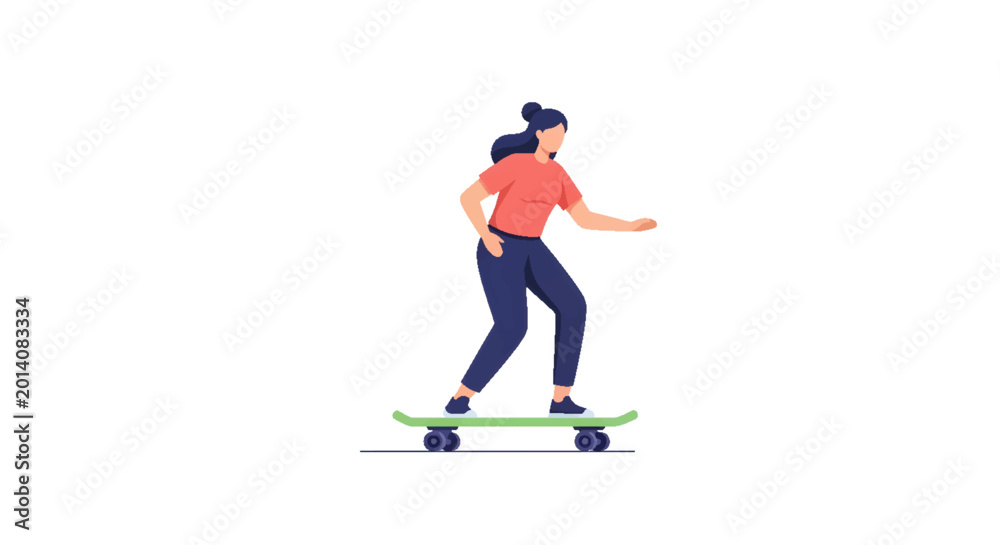 Fototapeta premium Young woman skateboarding with enthusiasm, showcasing an active urban lifestyle and outdoor recreation. Flat vector illustration on white background.