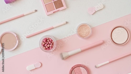 Professional decorative cosmetics, Makeup products and accessories. The beauty of the background with cosmetic facilities. Beauty, fashion, visage, skin care and shopping blogger concept. 4k