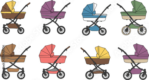 Tableau sur toile Set of Classic Baby Pram and Stroller Vector Illustrations with Colorful Carriag