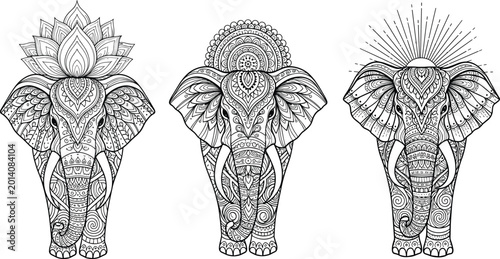 Photography Ornate Elephant Head Vector Set with Intricate Mandala Patterns Lotus Flower and