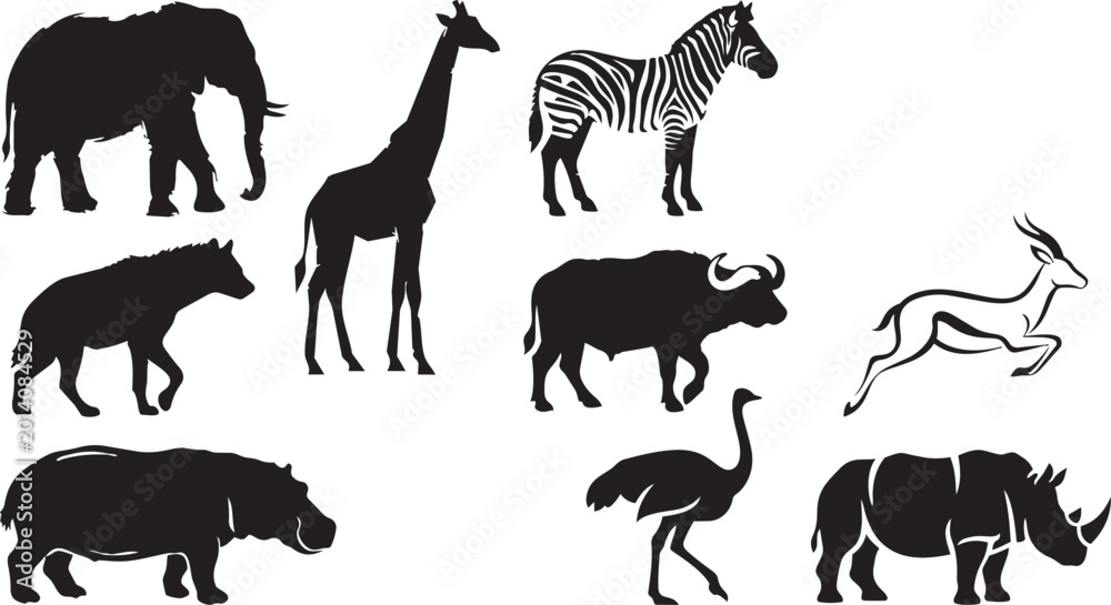 Fototapeta premium African animal silhouettes collection, elephant giraffe zebra buffalo antelope hippopotamus ostrich rhinoceros hyena wildlife safari vector illustration