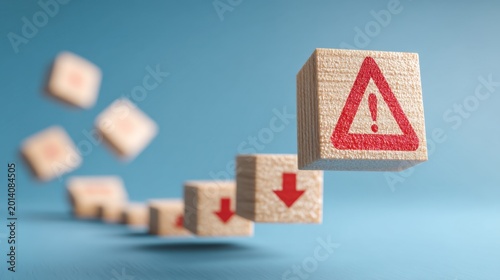 Wooden blocks with warning symbols and arrows create a visual representation of risk management, caution, and danger in modern design, suitable for safety and alert themes