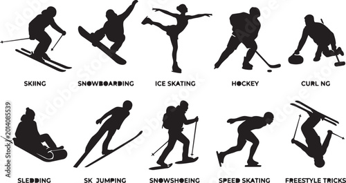 Tableau sur toile Winter sports silhouettes collection, skiing snowboarding ice skating hockey cur