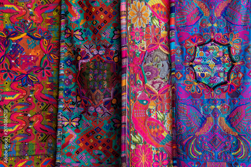 Tableau sur toile Colourful traditional Mayan textiles fabrics, San Antonio Palopo, Atitlan Lake, Guatemala