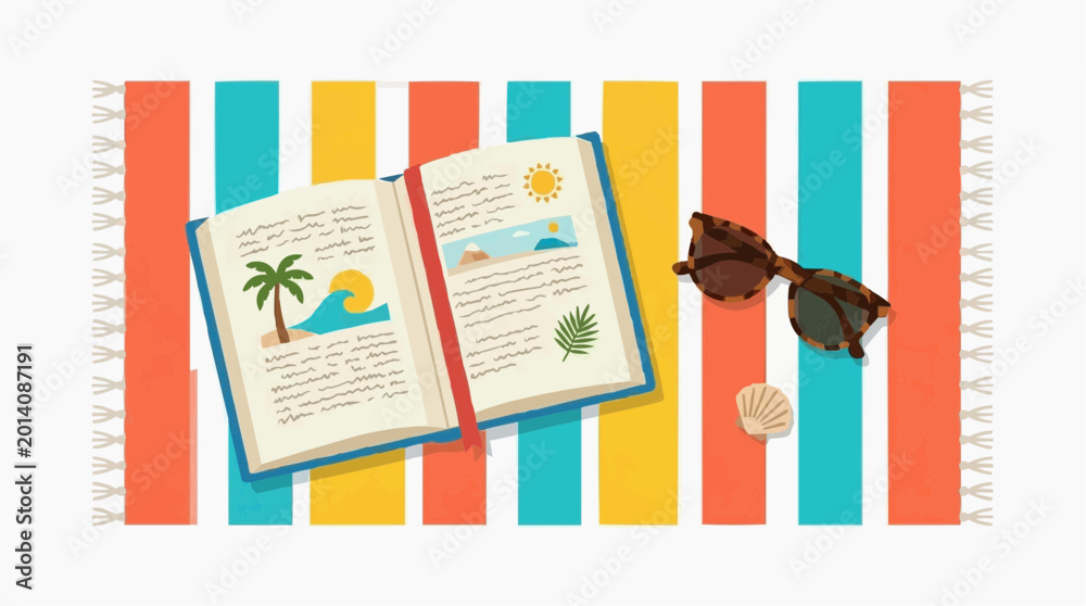 Fototapeta premium Open book with beach scenes sunglasses and seashell on striped towel