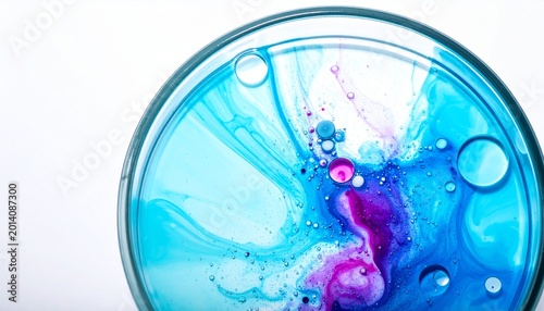 Captivating abstract liquid art in a petri dish, featuring swirling blue, turquoise, and purple hues. This dynamic fluid experiment creates an intriguing visual texture
