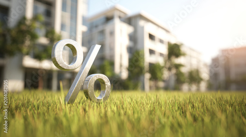 Percent symbol on green lawn in a housing development, symbolizing property investment, mortgage rates, and financial growth