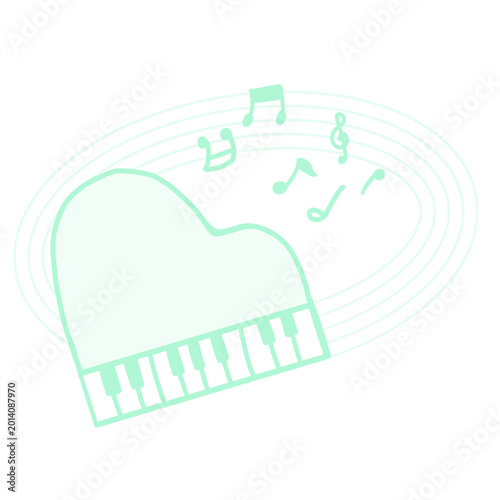 ピアノの鍵盤と五線譜の音楽イラスト素材（緑色 / ナチュラル / 癒やし / 装飾）