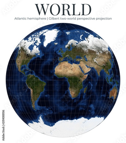 World Map. Gilbert two-world perspective projection. Atlantic hemisphere view with detailed physical features. April View. Elements of this image furnished by NASA.