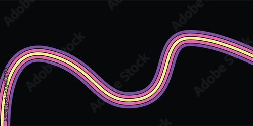 Abstract wavy line with multiple colorful stripes in purple, pink, and yellow against a dark black background, creating a modern and dynamic visual.
