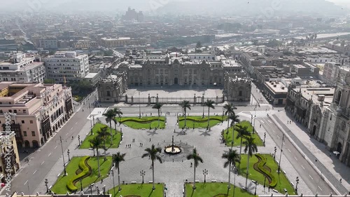 Plaza De Armas In Lima Capital City Peru. Aerial View Of A City Park Surrounded By Busy Streets And Buildings. Metropolitan Landscape Commercial Building Vibrant. Commercial Building.