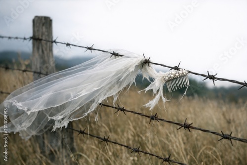 A wedding veil hangs from a barbed wire fence, symbolizing a romantic moment gone awry