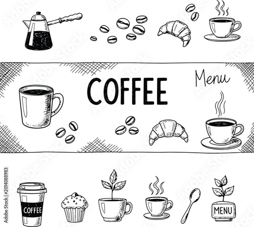 Hand-drawn coffee & bakery banner. sketchy cafe menu elements