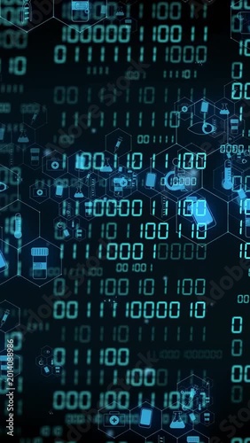 Vertical video: Binary pulse starting hex nodes forming and icons clustering, showing health data