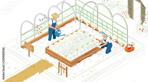 Isometric greenhouse gardening scene with people planting and watering vegetables in modern flat vector illustration farming design style