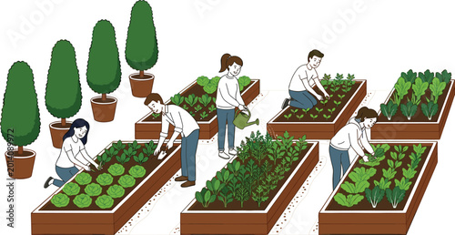 Foto People working in vegetable garden beds with planting and harvesting activities