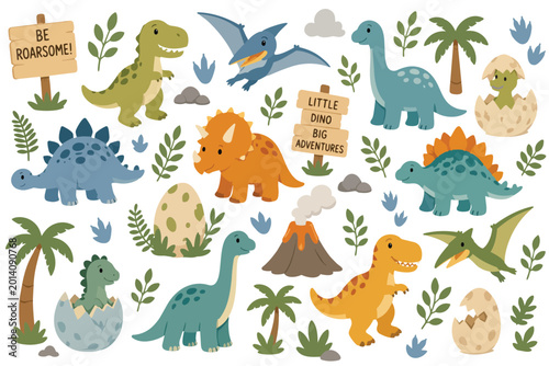 Dinosaurs Dino Jurassic Pattern Illustration Jungle Dinosaur Dinos Pattern Cute Fun Prehistoric Vector Print Seamless Repeat