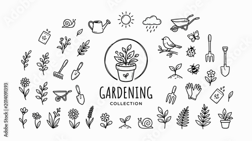 Gardening tools and plant icons collection.