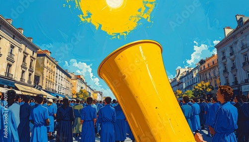 A stylized city street scene with a large crowd, vivid blue and yellow tones, and a person in a yellow coat holding a megaphone, symbolizing communication, collective action, and amplified voices.