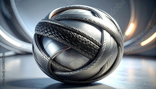 A metallic sphere made of interwoven textured and smooth bands, set against a futuristic background with curved metallic structures and soft lighting, symbolizing industrial design and artistic geomet