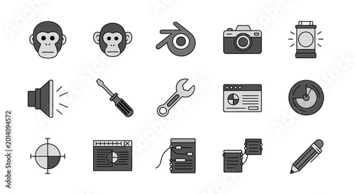 Photography Collection of various grayscale icons representing technology and tools