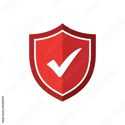 Red security shield icon with white checkmark, protective guard symbol for data safety, verified antivirus protection badge on white background