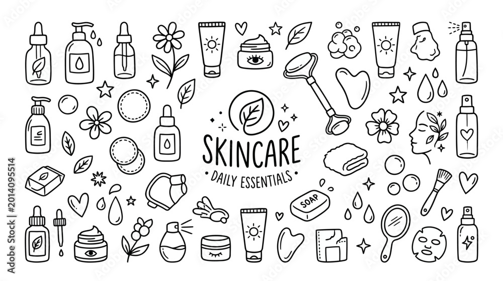 Naklejka premium Skincare products and beauty tools icons.