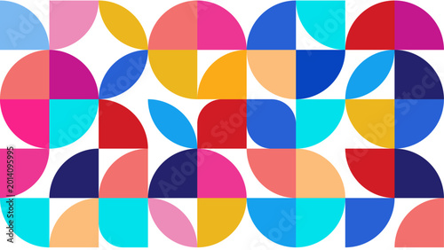 Modern geometric abstract background with colorful semi-circles and mosaic tile pattern