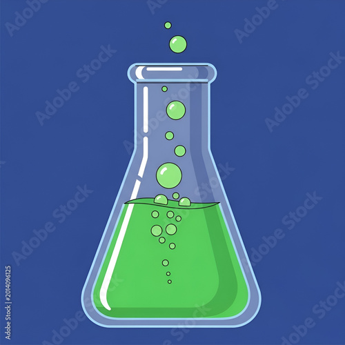 Scientific Erlenmeyer flask illustration, laboratory glass beaker with bubbling green liquid, chemistry experiment icon on blue background