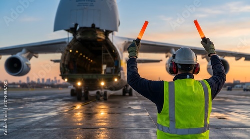 Dedicated ground crew member directs a colossal cargo airplane with illuminated wands, managing vital operations on the wet airfield during twilight