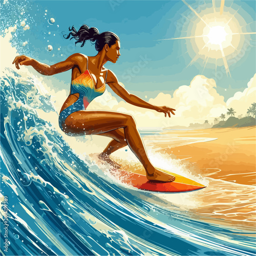 Photography cartoon vector of people surfing on the beach