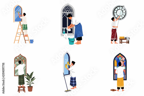 Set of illustrations depicting Muslim men in traditional attire cleaning windows of a mosque, showcasing communal service and preparation for Ramadan or Eid festivals.