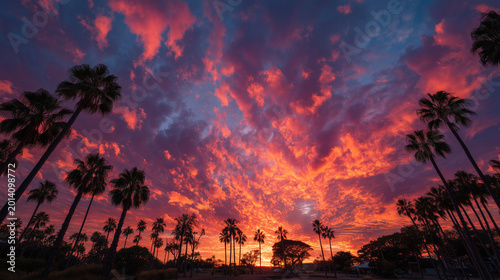 Tropical Sunset: The sky ablaze with a fiery symphony of orange and red hues as the sun dips below the horizon, silhouetting the graceful forms of palm trees.