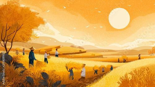A group of farmers working together to harvest the golden rice crop in a peaceful rural landscape at sunset