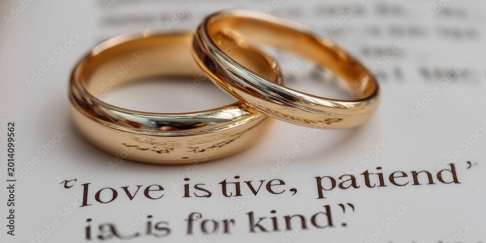Fototapeta premium The Gold Wedding Rings Resting on a Book with Romantic Quote