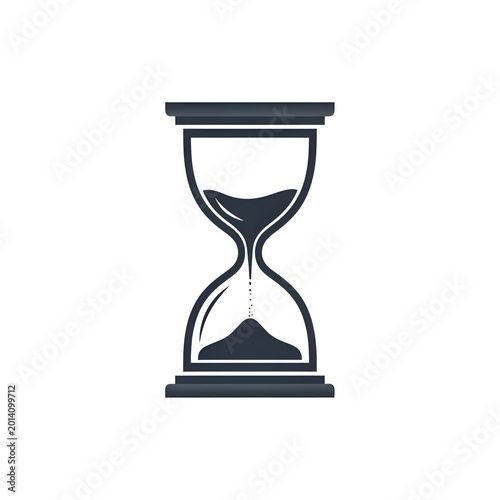 Minimalist hourglass icon with flowing sand, black sandglass symbol for time management, elegant sand clock vector illustration on white background