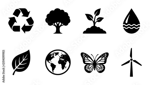 Schilderij op canvas Eco-friendly Icons Set: Recycling, Tree, Plant, Water Drop, Leaf, Earth, Butterf