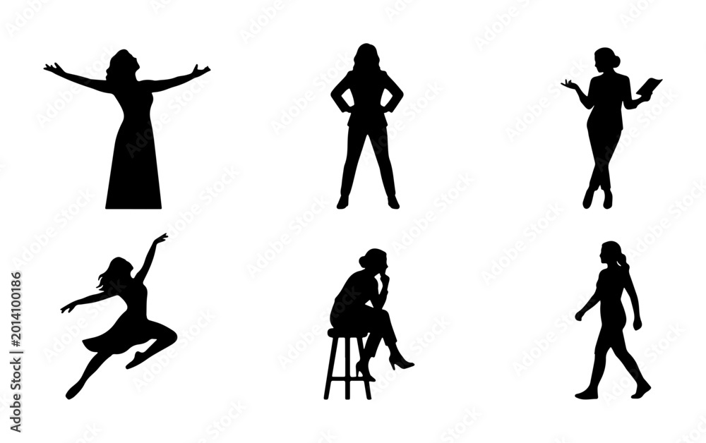 Fototapeta premium Diverse Female Silhouettes Collection, 6 Vector Poses for Business and Lifestyle Concepts, Elegant and Dynamic Figures