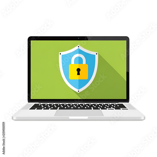 Cyber security laptop illustration, digital data protection shield icon on computer screen, internet safety and network privacy concept