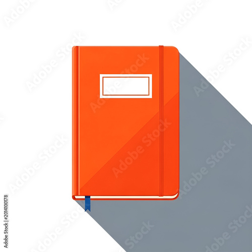Orange notebook icon with long shadow, flat design personal diary with bookmark, vibrant stationery journal for office and school supplies