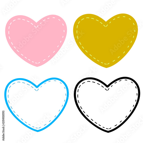 Set of colorful stitched hearts in pink yellow blue and black with dashed line border for sewing and craft design theme 