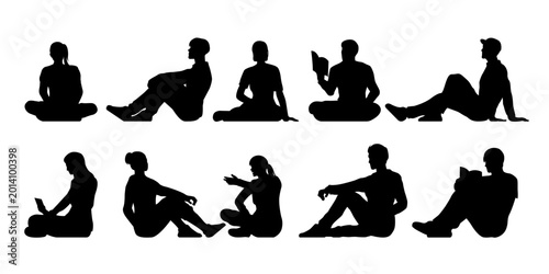 Photos lifestyle people sitting on the floor silhouette set for architectural, men and women talking, relaxing, reading