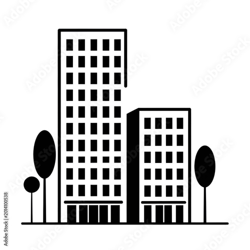 Minimalist city building icon, black and white skyscraper silhouette, urban architecture symbol with trees for real estate and construction design