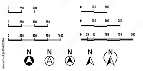 Basic Black Round North Mark Arrow Sign Symbol in Circle and Scale Icon and Linear or Bar Scale Cartography Set for Map or Site Plan Orientation. Vector Image.