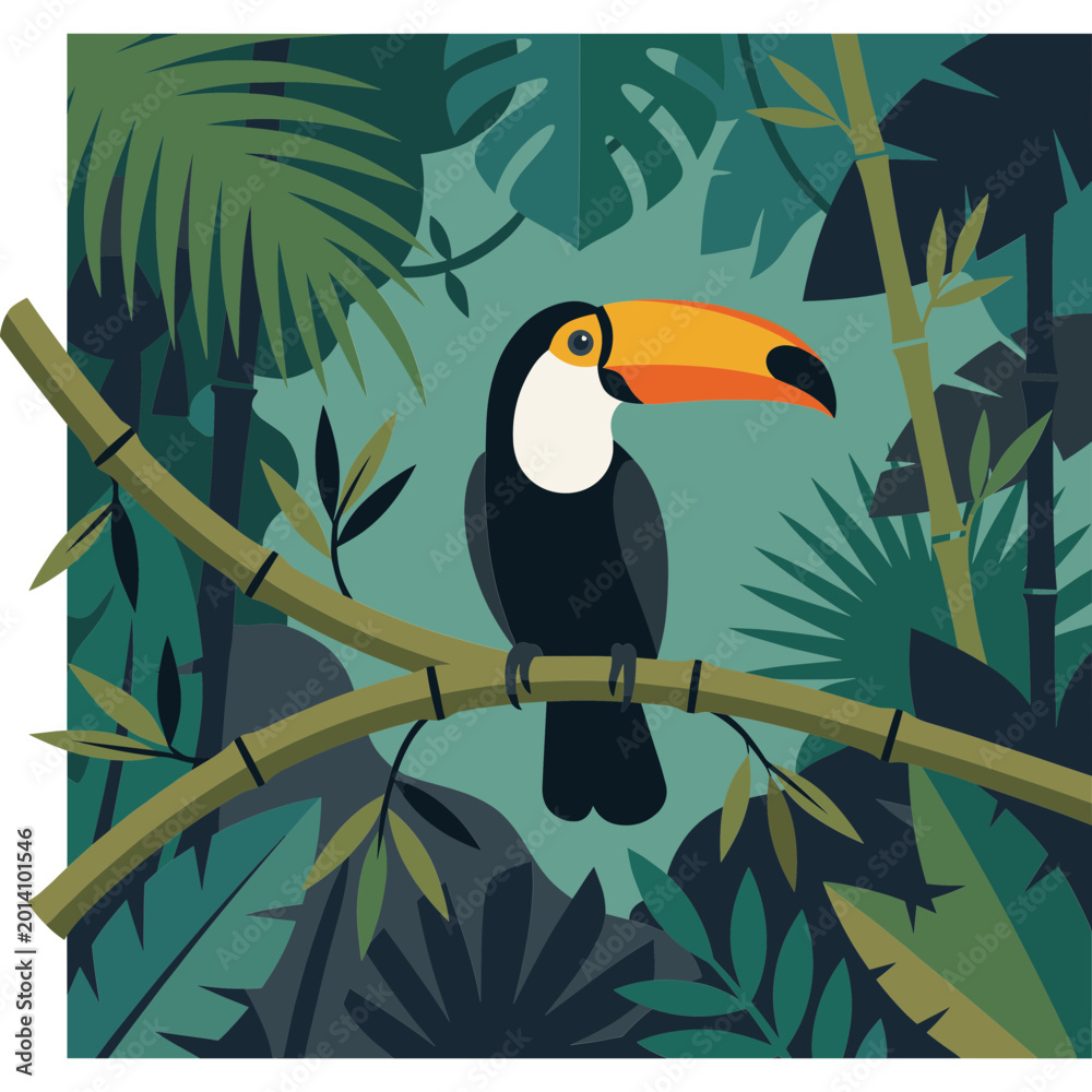 Fototapeta premium A vibrant toucan perches on a branch surrounded by lush tropical leaves and plants in a dense jungle.