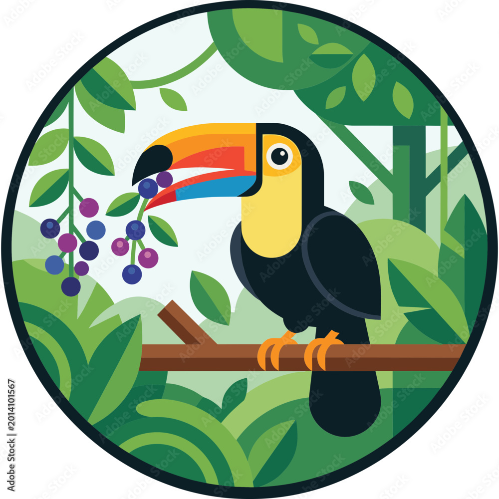 Fototapeta premium A vibrant toucan perches on a branch eating purple berries in the lush jungle.