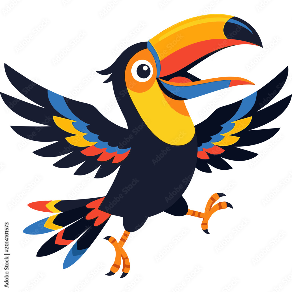 Fototapeta premium Vibrant Toucan Spreads Wings in Tropical Forest Canopy Closeup