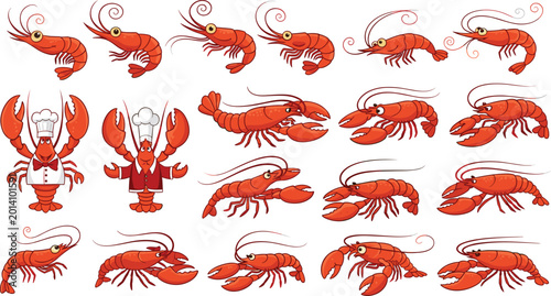 Photography Cartoon shrimp and lobster vector set